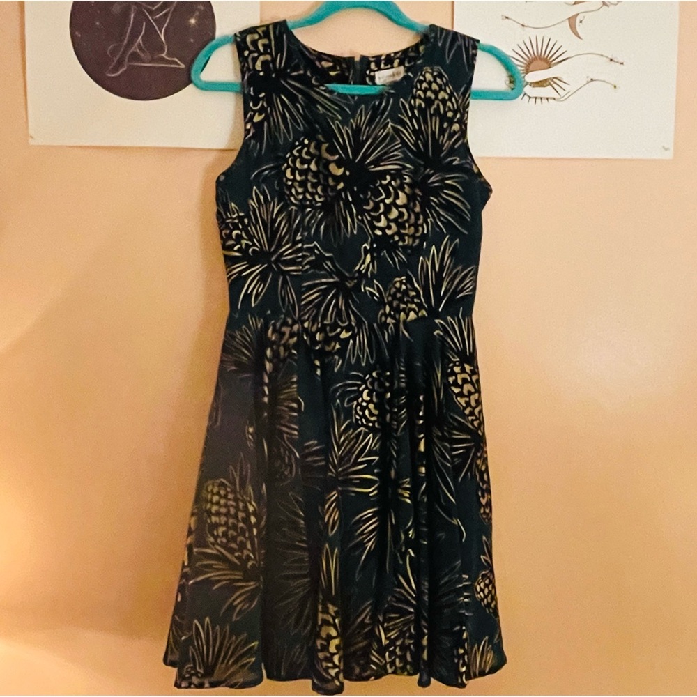 Fit and Flare Dress Green and Gold Pineapple print Maison Jules Women’s XS